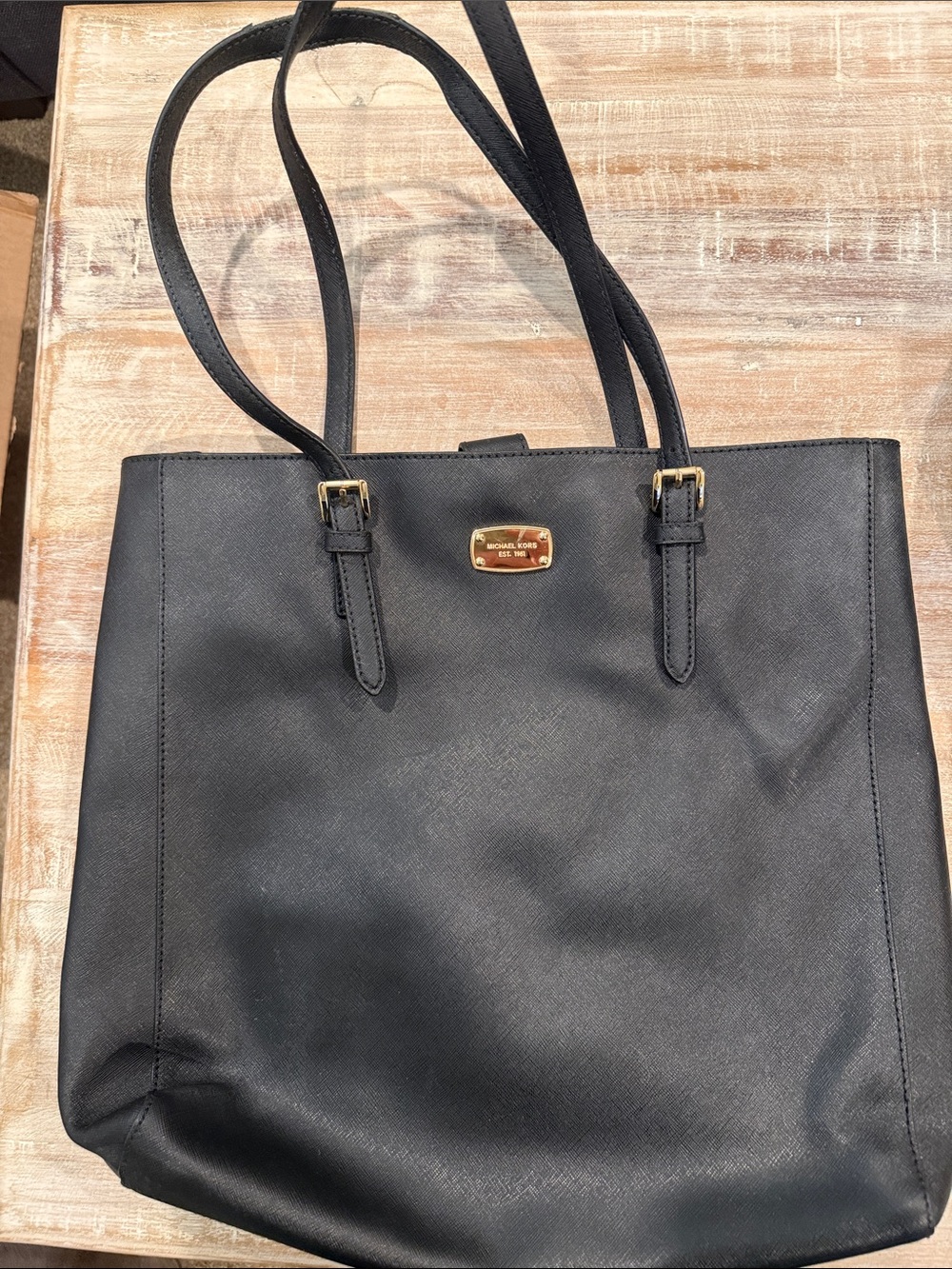 Michael Kors Black Saffiano Tote with Gold Plaque